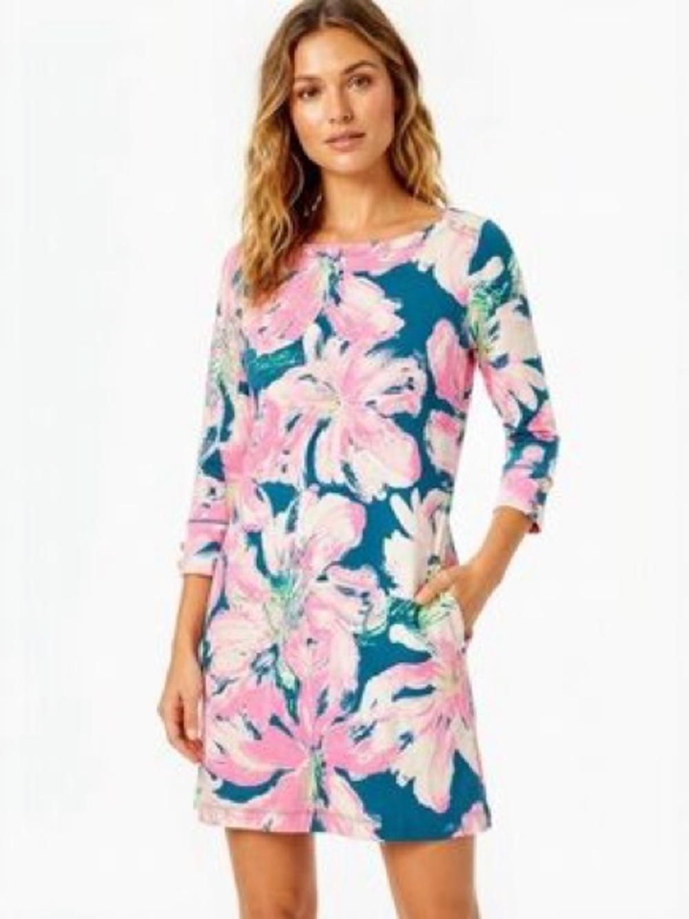 Lilly Pulitzer Teal and Pink Floral Navy Blue 3/4 Sleeve Shift Dress
